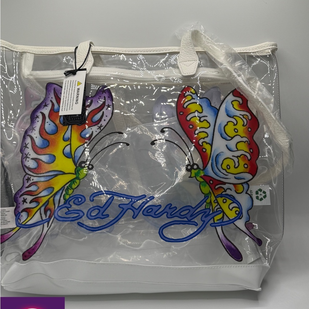 NWT Ed Hardy White and Purple Tote Bag with Butterfly Design